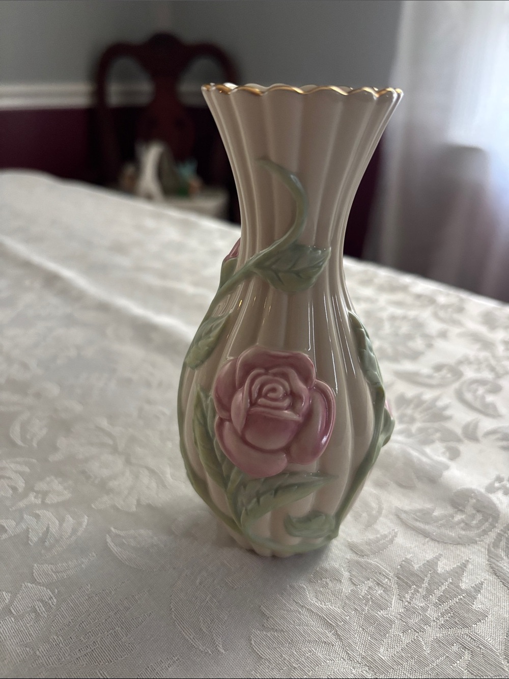 Lenox Pink Rose Porcelain Bud Vase with Green Leaves